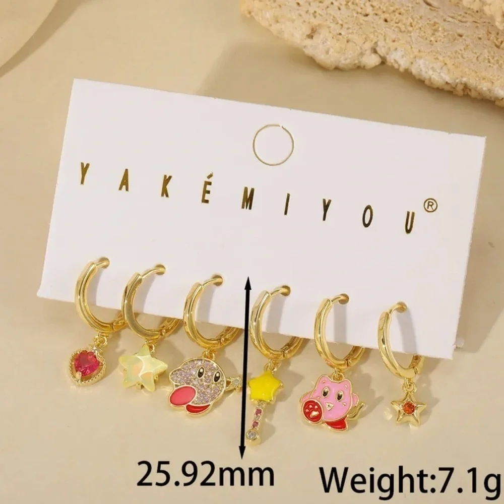 14K Gold Kirby Theme Huggie Hoop Dangle Mismatched Asymmetrical Earrings Set